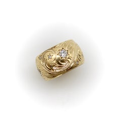 Victorian 14K Gold Hand-Engraved Celestial Themed Band or Ring with Diamonds