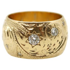 Victorian 14K Gold Hand-Engraved Celestial Themed Band or Ring with Diamonds