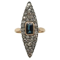 14K Gold Early Victorian Navette Ring with Pave Diamonds and Central Sapphire