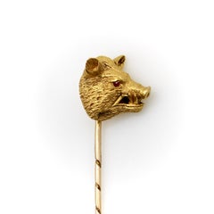 Spilla vittoriana a forma di cinghiale in oro 14 carati con occhio di rubino