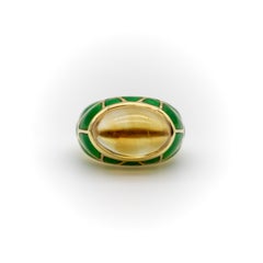 Vintage 18K Gold Citrine Cabochon and Green Enamel Roberto Legnazzi Ring