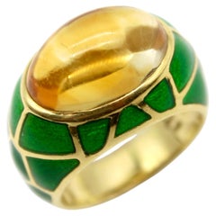 Vintage 18K Gold Citrine Cabochon and Green Enamel Roberto Legnazzi Ring