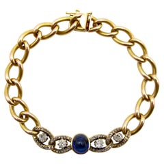 Victorian 14K Gold Curb Link Bracelet with No-Heat Sugarloaf Sapphire & Diamonds