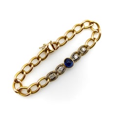 Victorian 14K Gold Curb Link Bracelet with No-Heat Sugarloaf Sapphire & Diamonds