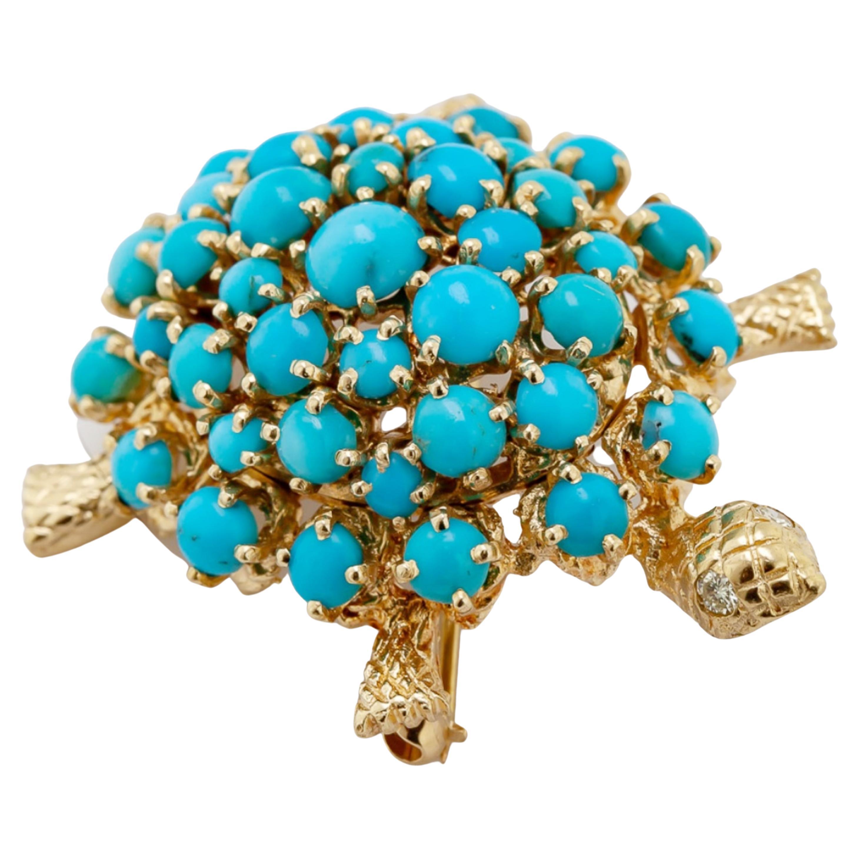 Designed as a turtle, its shell composed of (34) round turquoise cabochons, ranging from 5.0 mm to 2.0 mm, featuring (2) full-cut diamond eyes, 0.05 ct. tw., VS, J-K, prong, and flush set in an 14k yellow gold cast, textured mounting, 40 X 34 mm.,