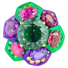 Blue Tourmaline, Color Sapphire, Tsavorite & Diamond Ring, 18K Gold, Austy Lee