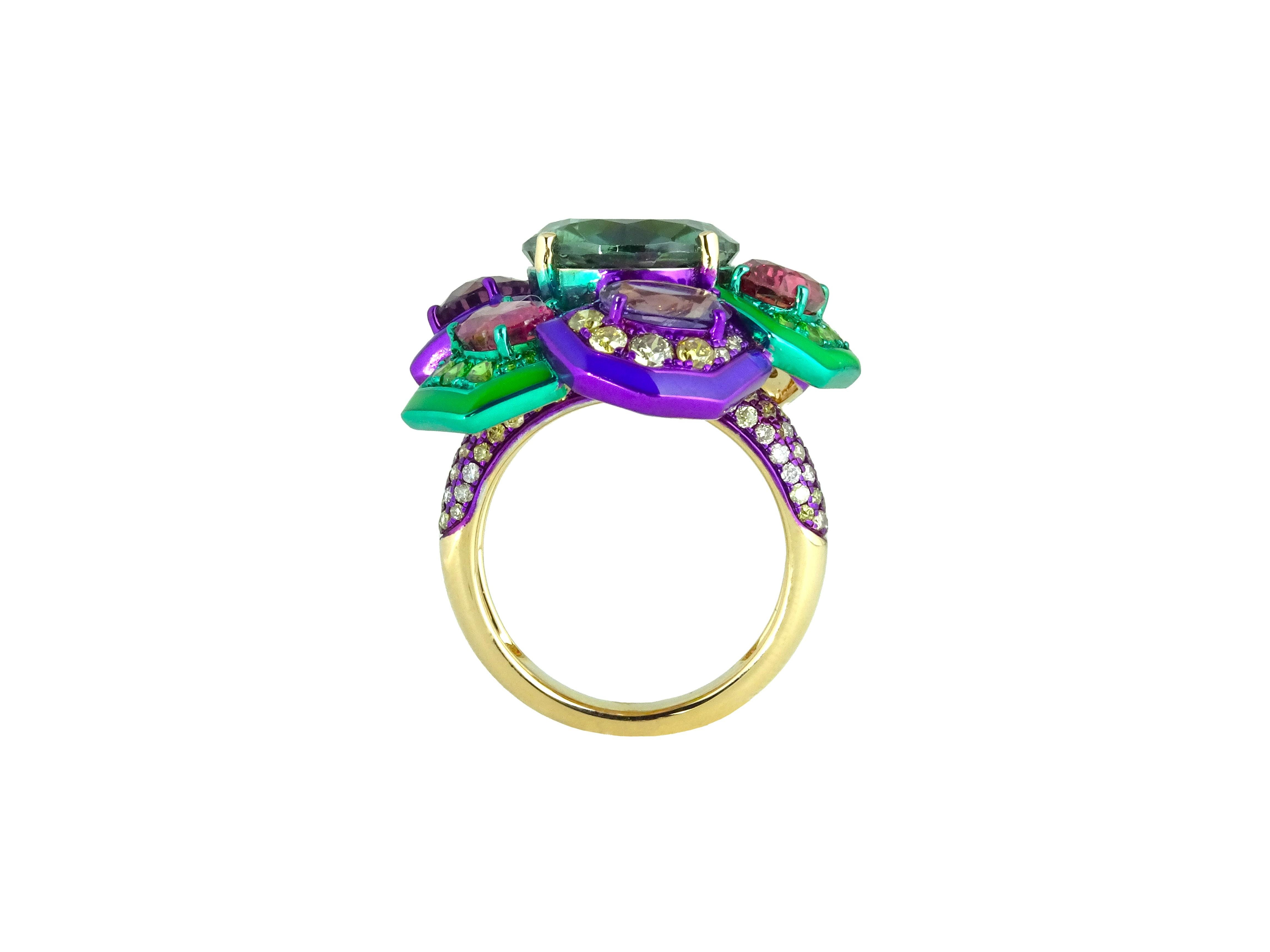 The Hexa-Overlapping Ring from 'The 10th Dimension Collection' by Austy Lee. This colorful, brand new ring is made of Indicolite Tourmaline, Sri Lankan Sapphires, Fancy Color Diamond, Tsavorite, with Mint Green & Purple Enamel on color-plated 18K
