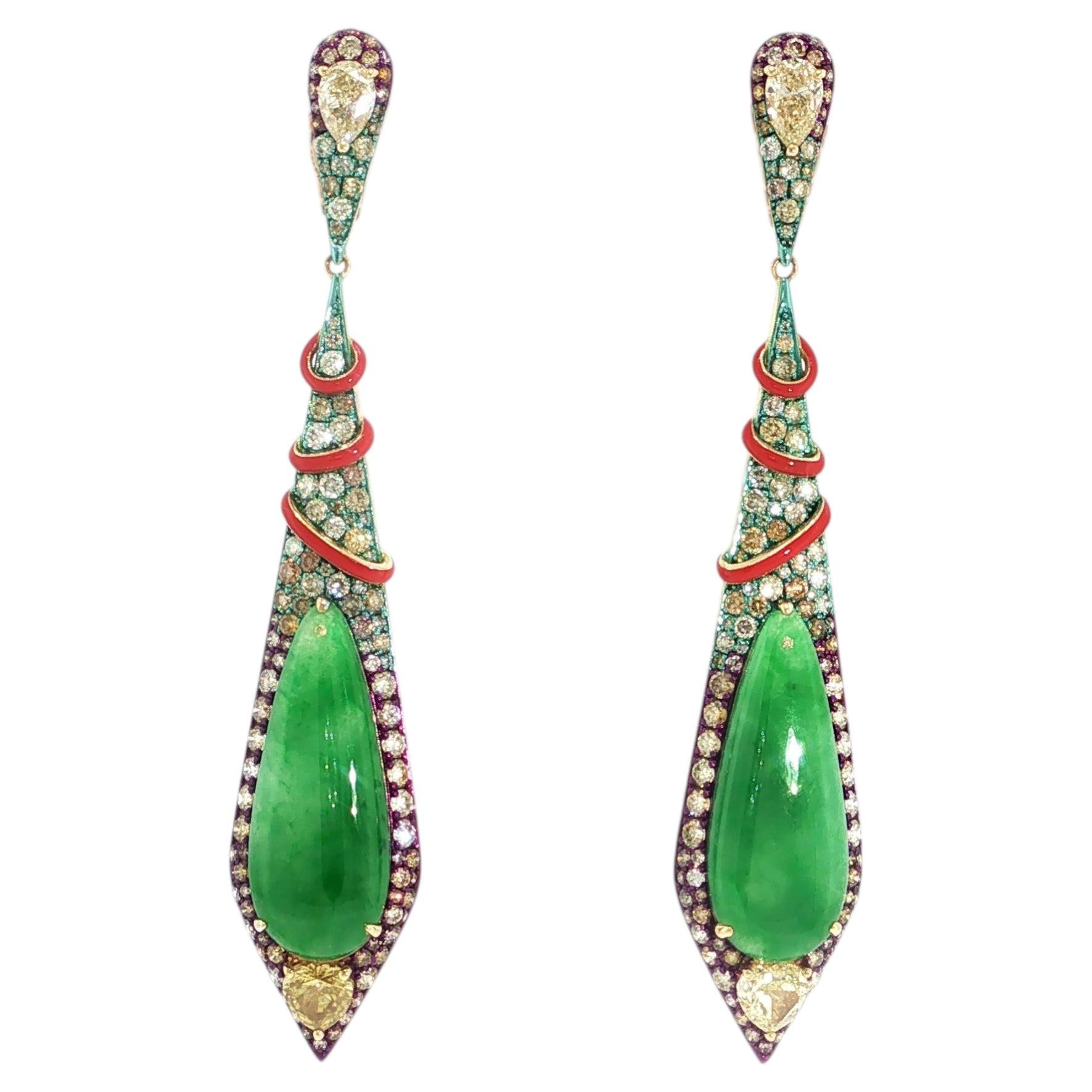 Pre-owned Austy Lee Natural Burmese Jadeite & Color Diamond Earrings, 18k Yellow Gold,