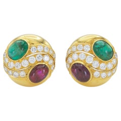 Vintage-Ohrringe von Bvlgari aus den 1970er Jahren mit Smaragd- und Rubin-Cabochons sowie Diamanten