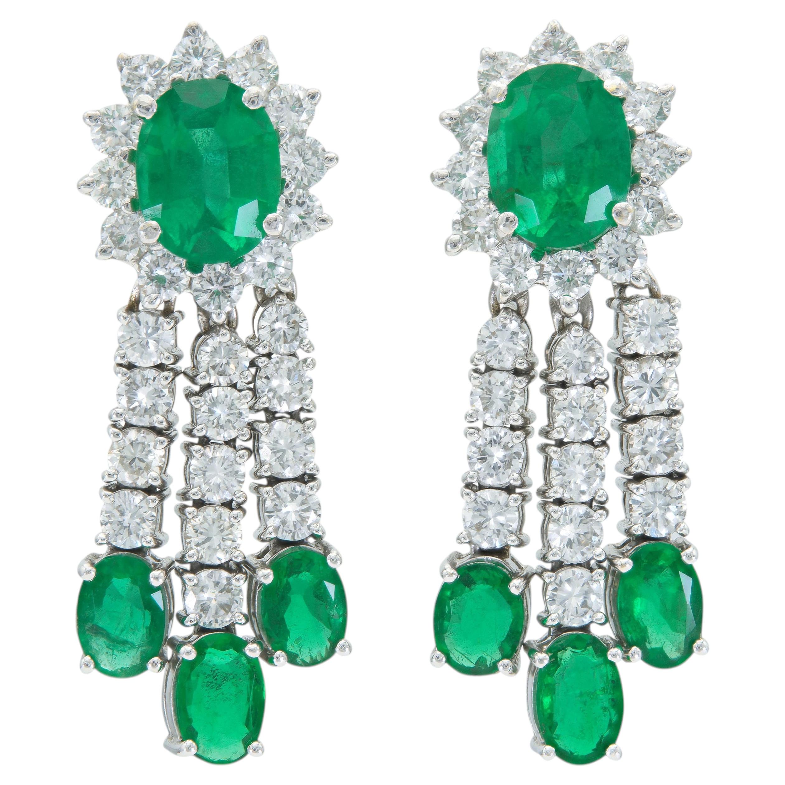 Vintage 1950s 5.40 Carat Emerald and 5.00 Carat Diamond Dangle Earrings For Sale