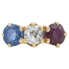 Antique Victorian Three Stone Diamond Sapphire and Ruby Ring