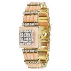 Vintage 1950s Coral and Diamond Concealed Watch Bracelet