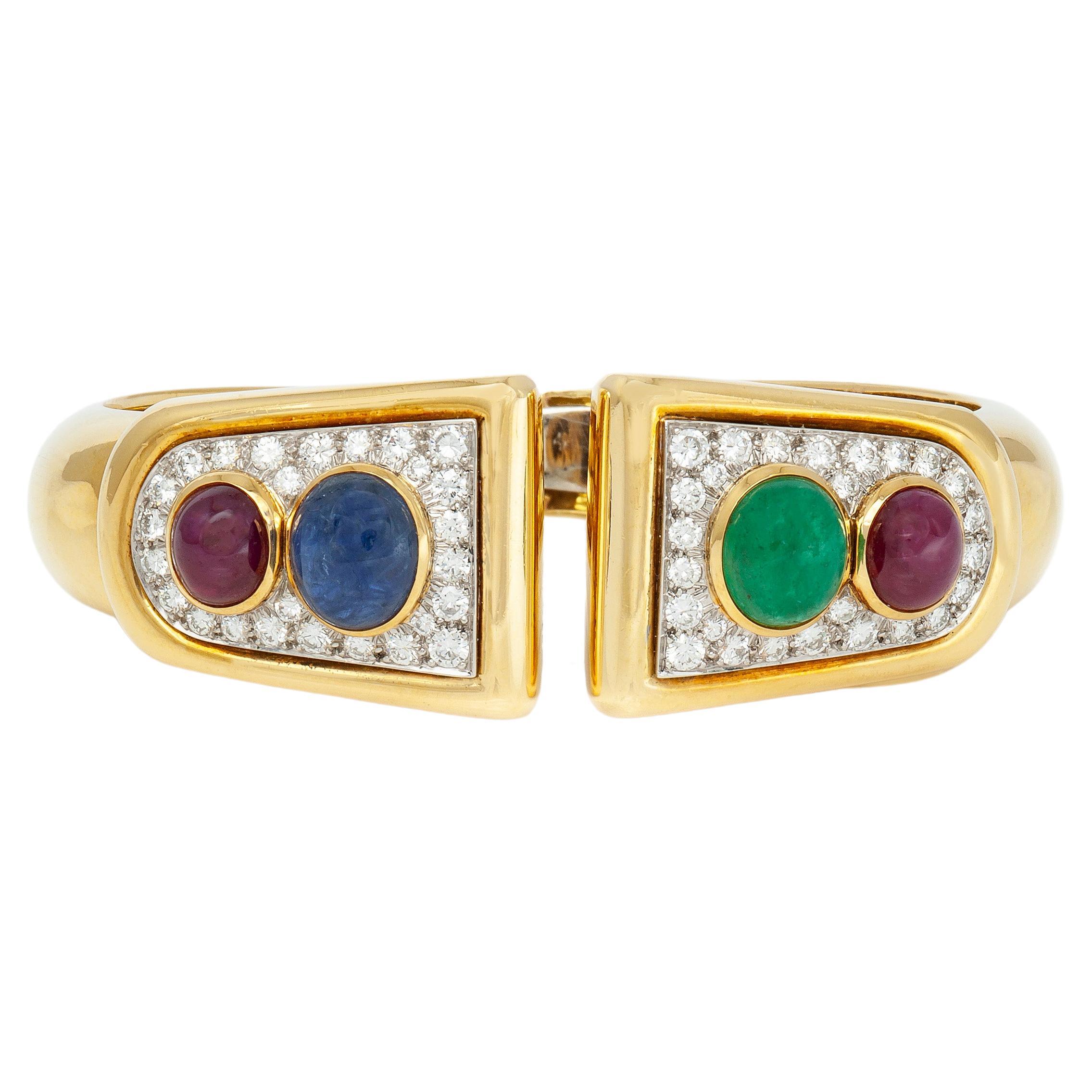 David Webb Cabochon Sapphire Emerald Ruby Hinged Cuff Bracelet with Diamonds For Sale