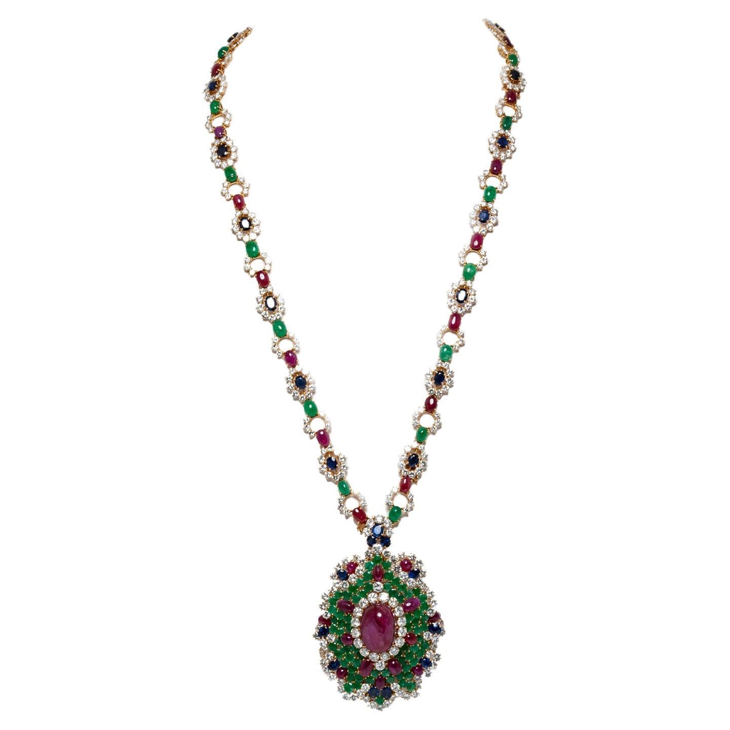 Multi-Gemstone Brooch Pendant Necklace For Sale