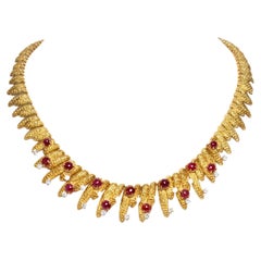 Vintage French Gold Collar Necklace with Cabochon Rubies and Diamonds