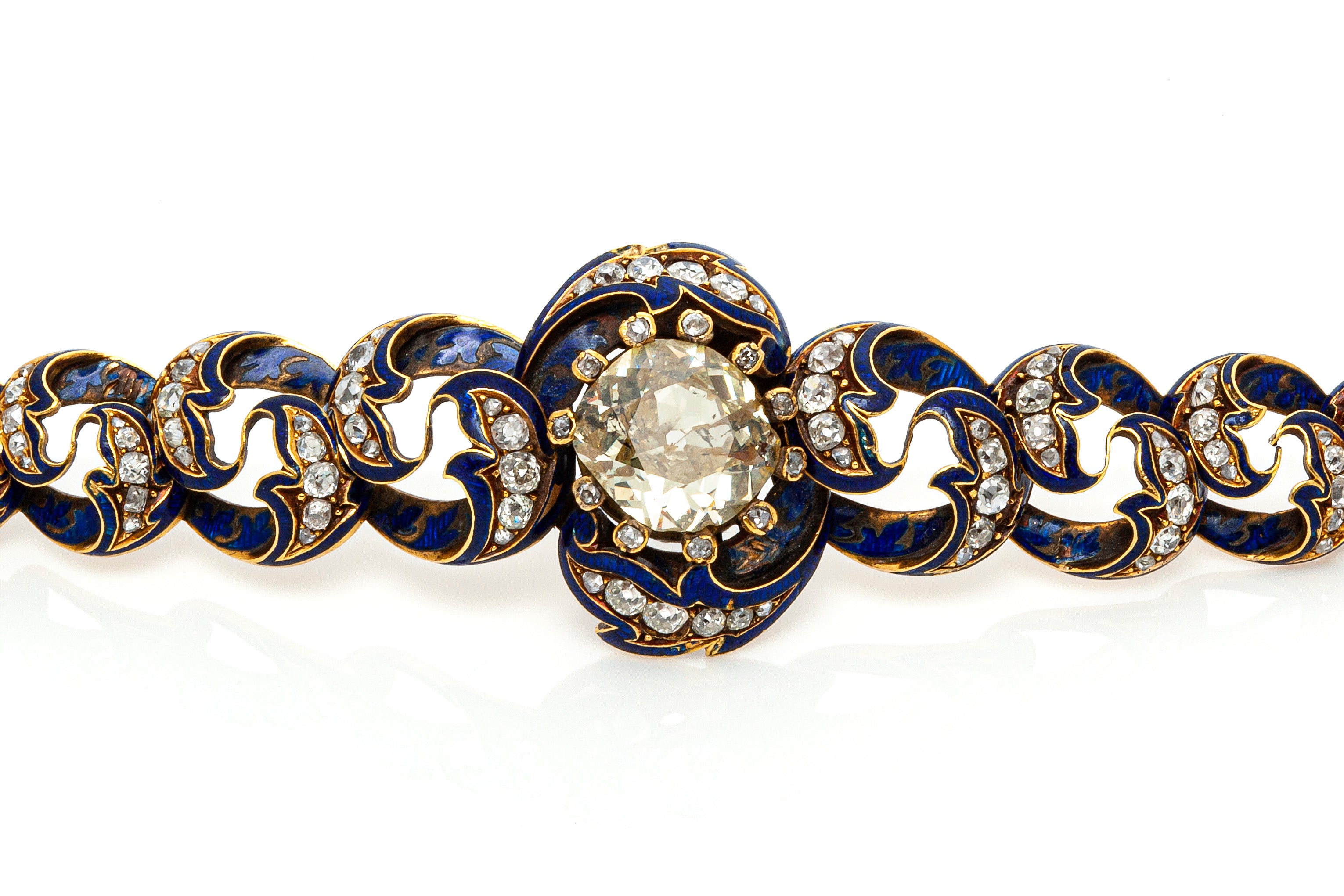 Victorian 9.50 Carat Center Diamond and Blue Enamel Link Bracelet For Sale