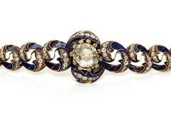 Antique Victorian 9.50 Carat Center Diamond and Blue Enamel Link Bracelet