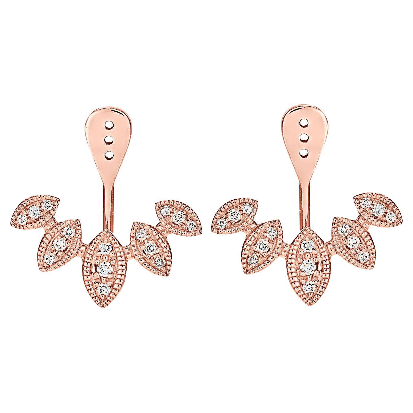 18k Rose Gold Laurel Leaf Design Earrings Milgrain Set With 0.55 Ct of Diamonds For Sale