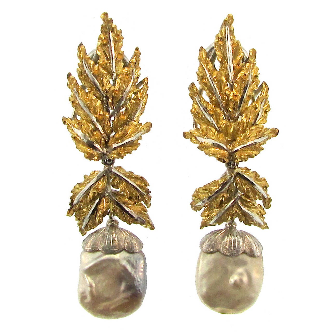 1960s Buccellati Pearl Diamond Gold Leaf Earrings For Sale