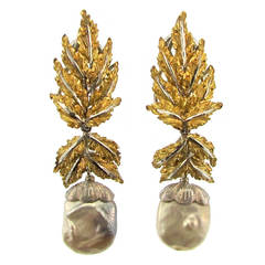 Retro 1960s Buccellati Pearl Diamond Gold Leaf Earrings