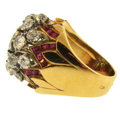Stunning 1950s French Ruby Diamond Gold Bombe Ring
