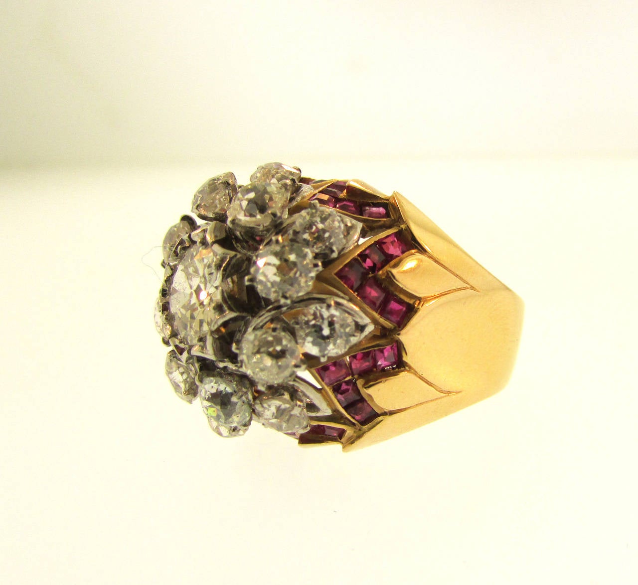 Stunning 1950s French Ruby Diamond Gold Bombe Ring
