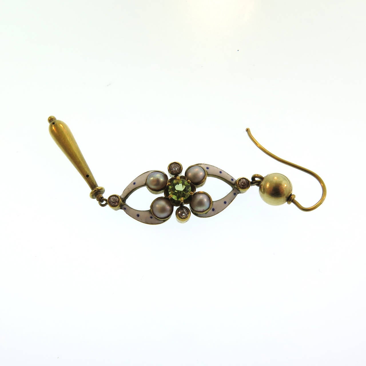 Late Victorian Late 19th Century Enamel Peridot Natural Pearl Gold Drop Earrings For Sale