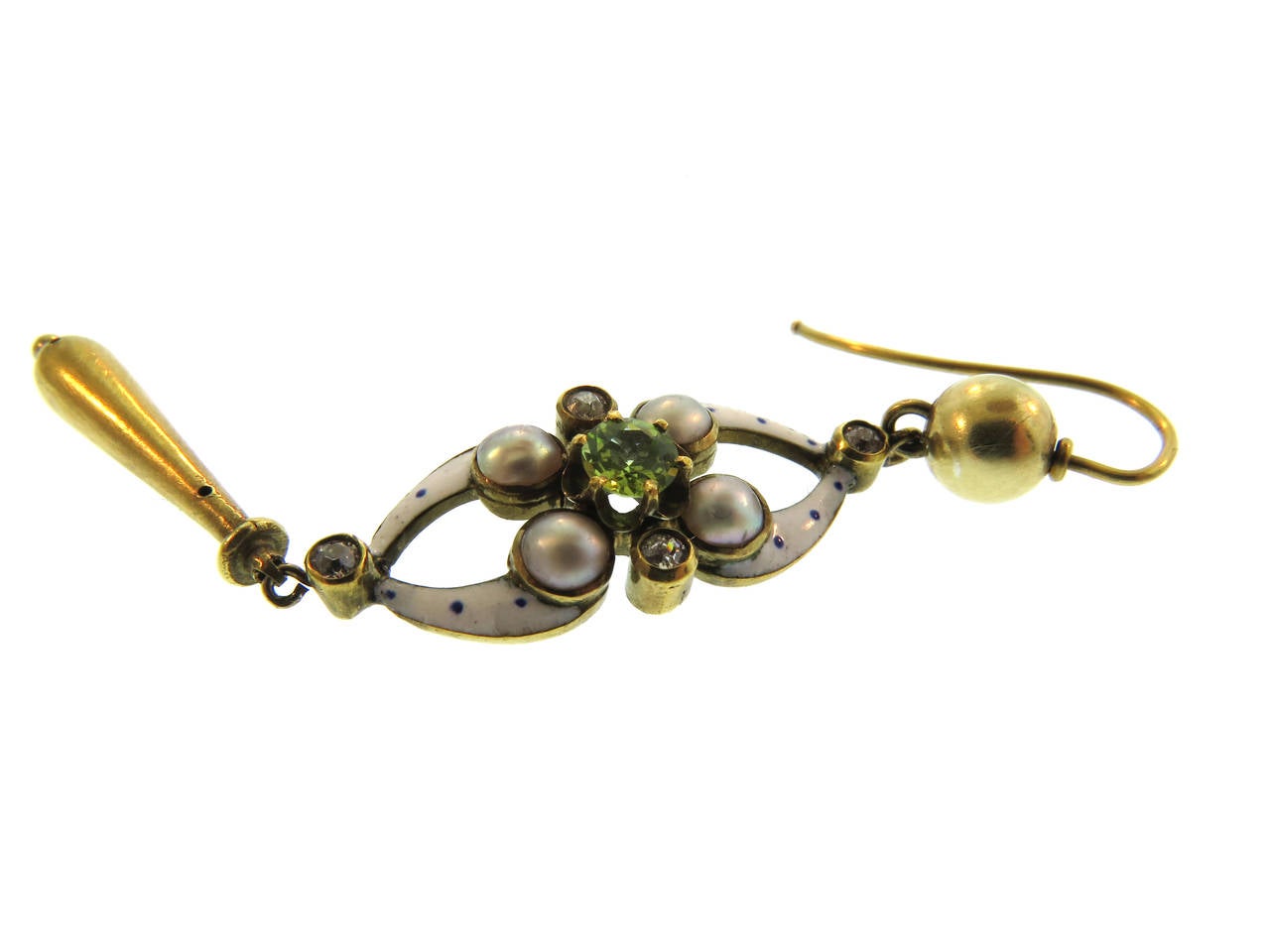 Late 19th Century Enamel Peridot Natural Pearl Gold Drop Earrings In Excellent Condition For Sale In New York, NY