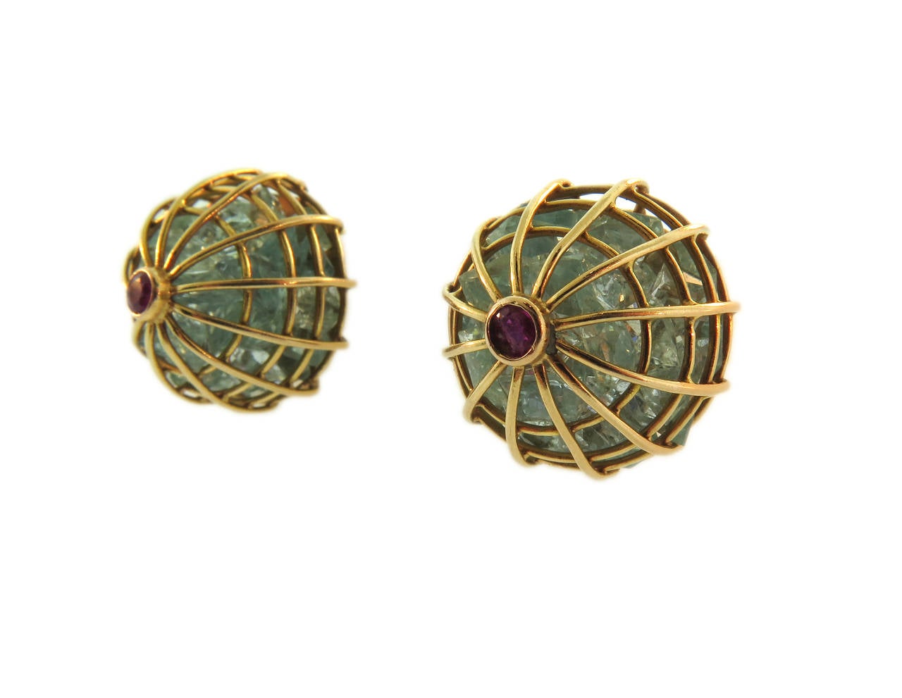 Aquamarine Ruby Gold Cage Ear Clips In Excellent Condition For Sale In New York, NY