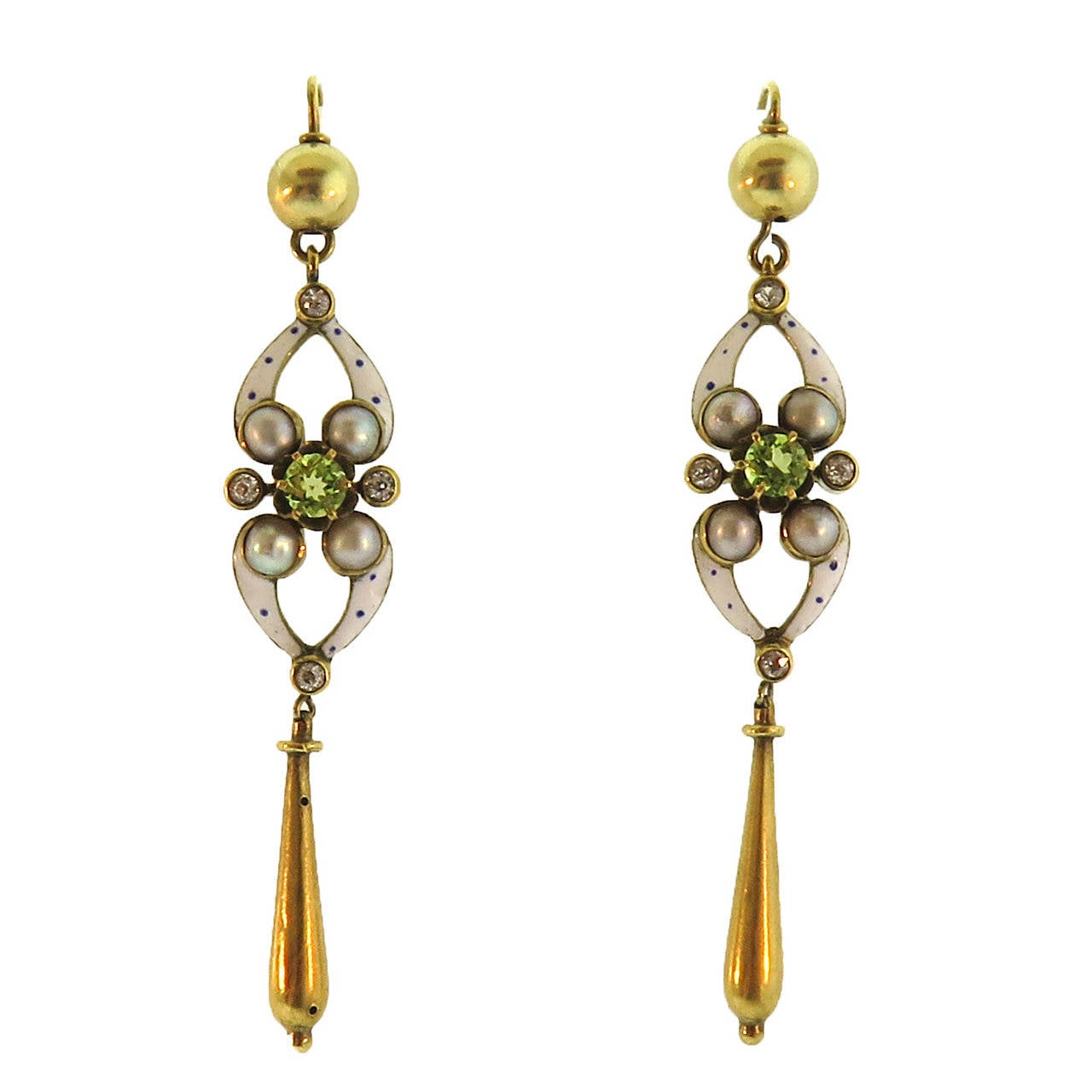 Late 19th Century Enamel Peridot Natural Pearl Gold Drop Earrings For Sale