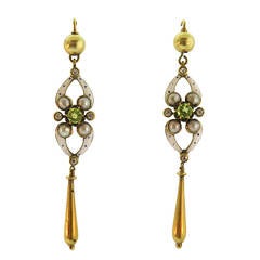 Antique Late 19th Century Enamel Peridot Natural Pearl Gold Drop Earrings