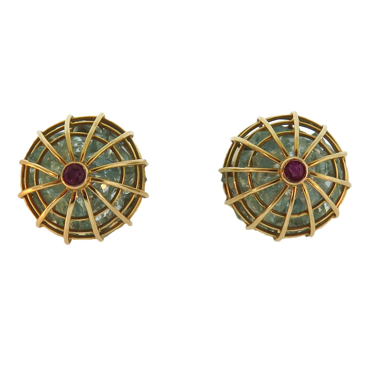 Aquamarine Ruby Gold Cage Ear Clips For Sale