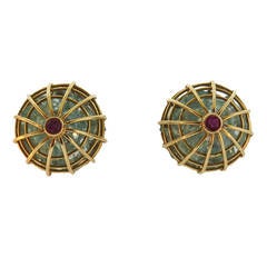 Vintage Aquamarine Ruby Gold Cage Ear Clips