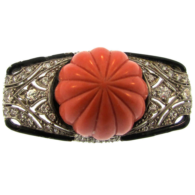 Art Deco Tiffany & Co. Coral Onyx and Diamond Brooch For Sale