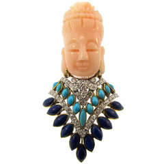 Guanyin Coral Turquoise Lapis Diamond Brooch