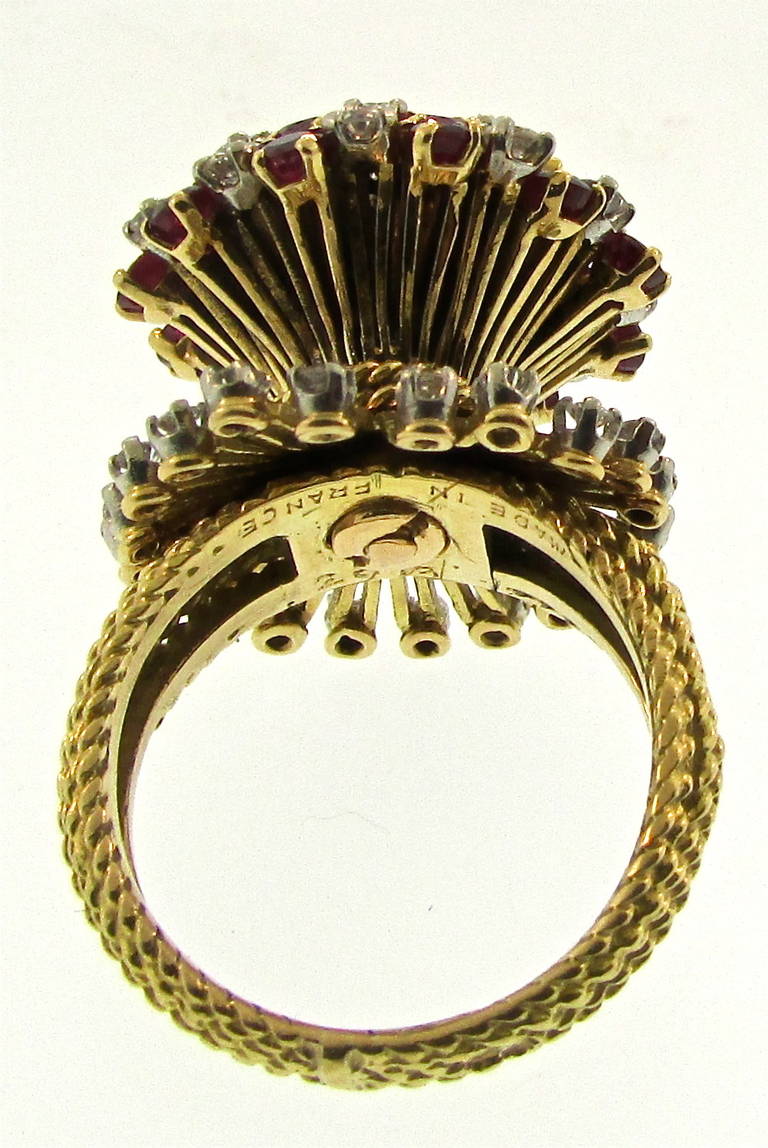 French Ruby Diamond Gold Spray Ring