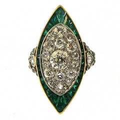 Antique Edwardian Emerald Diamond Navette Ring