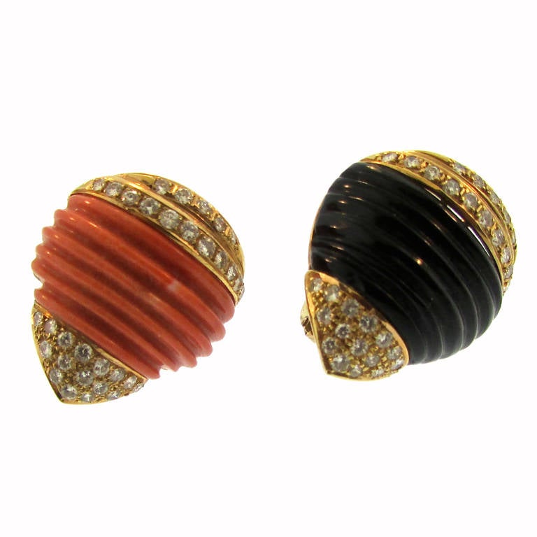 1960s Carved Coral Onyx Diamond Earrings For Sale