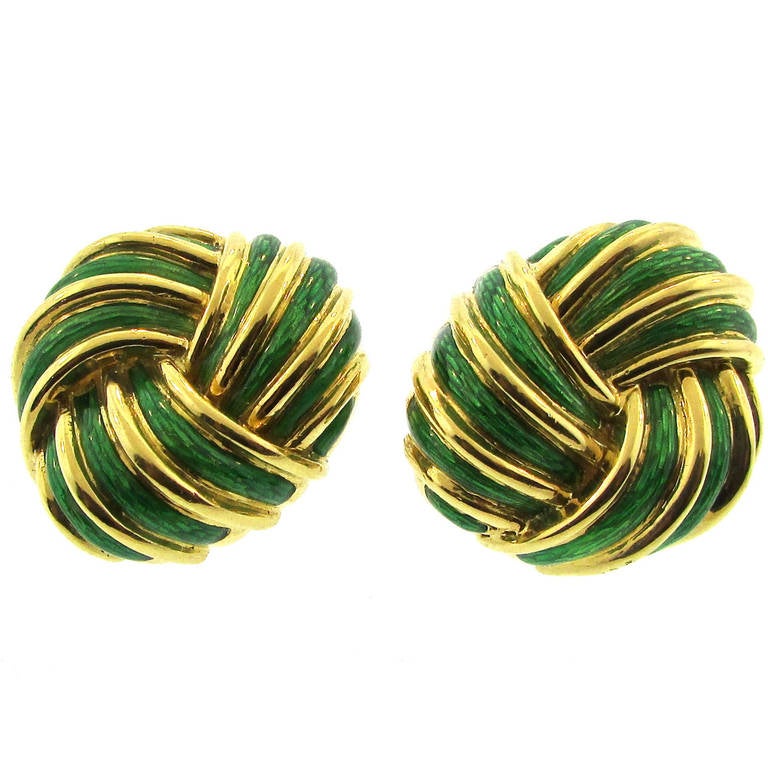 Tiffany & Co. Green Enamel Gold Knot Earrings For Sale