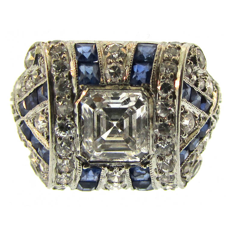 Tiffany & Co Art Deco Sapphire Diamond Platinum Ring For Sale