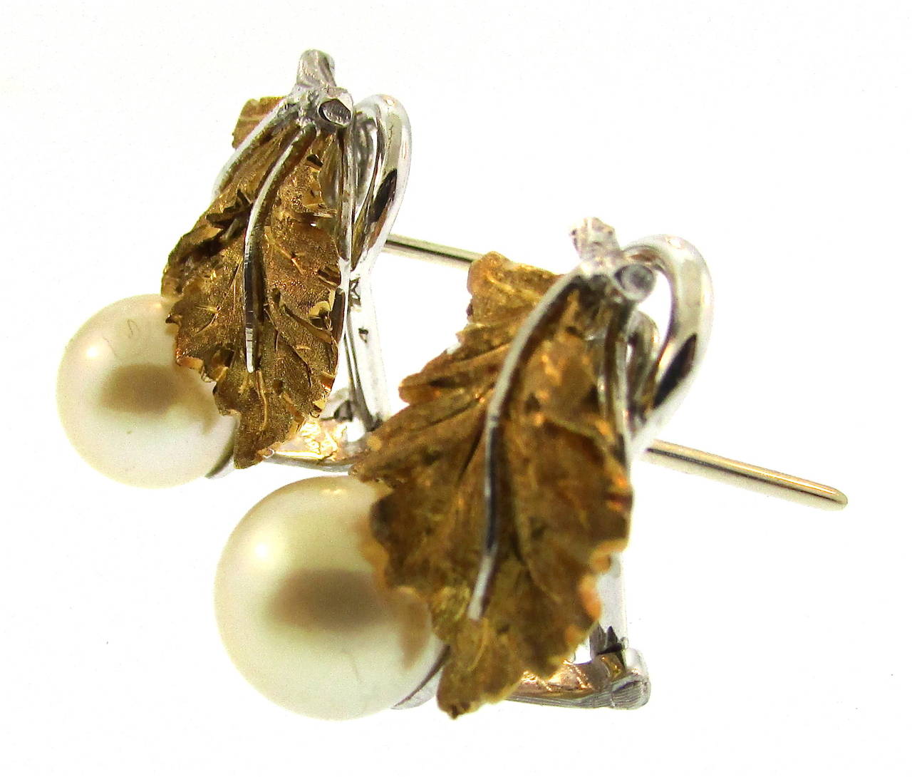 Buccellati pearl with 18k gold leaf motif earrings.  Made in Italy, circa 1960. Signed by Buccellati.