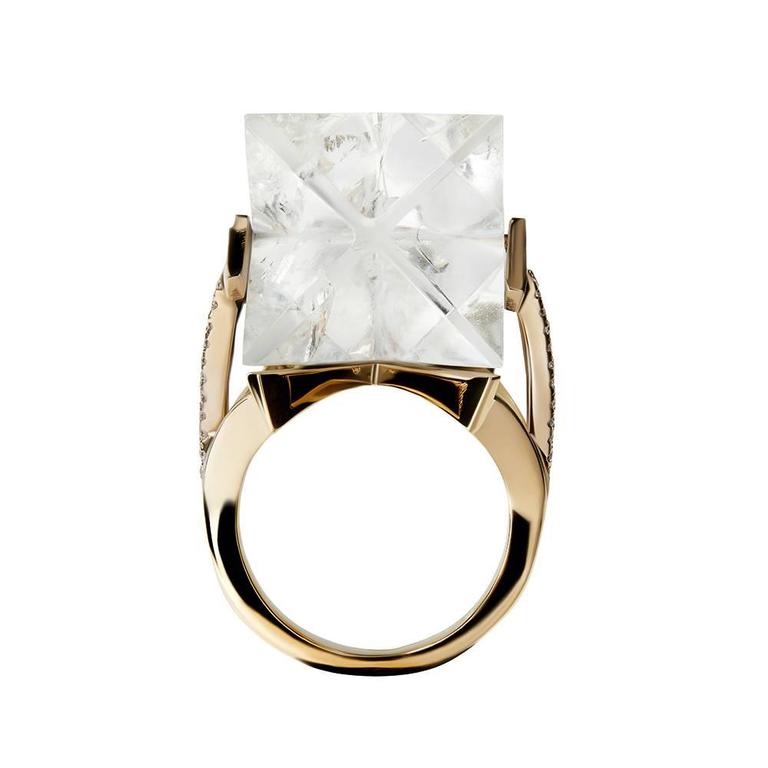 Carved Rock Crystal Diamond Gold Star Ring For Sale at 1stdibs