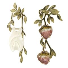 Yellow Gold Watermelon Tourmaline Bone and Enamel Fruit Bat Earrings 11