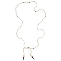 Cultured Freshwater Pearl and Peacock Pearl Onyx Gold Opera-Length Necklace 2