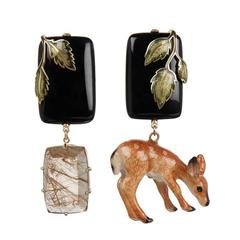 Gold Enamel Onyx Rutilated Quartz Porcelain Fawn Earrings 8