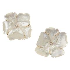 18 Carat Gold, Mother-of-Pearl and Diamond Hand-Carved Flowerhead Earrings 8