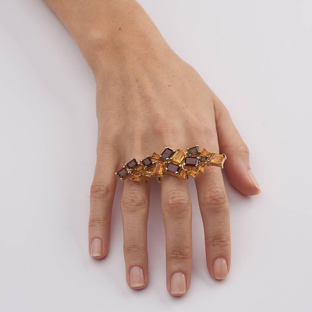 Contemporary 18ct Yellow Gold, Citrine, Garnet and Smokey Quartz Cocktail Ring For Sale