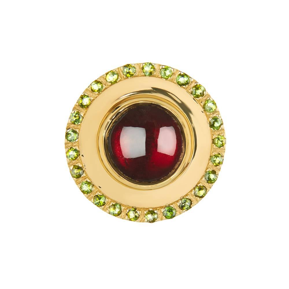 Contemporary 18ct Yellow Gold, Garnet and Green Tourmaline 'Flying Saucer' Ring For Sale