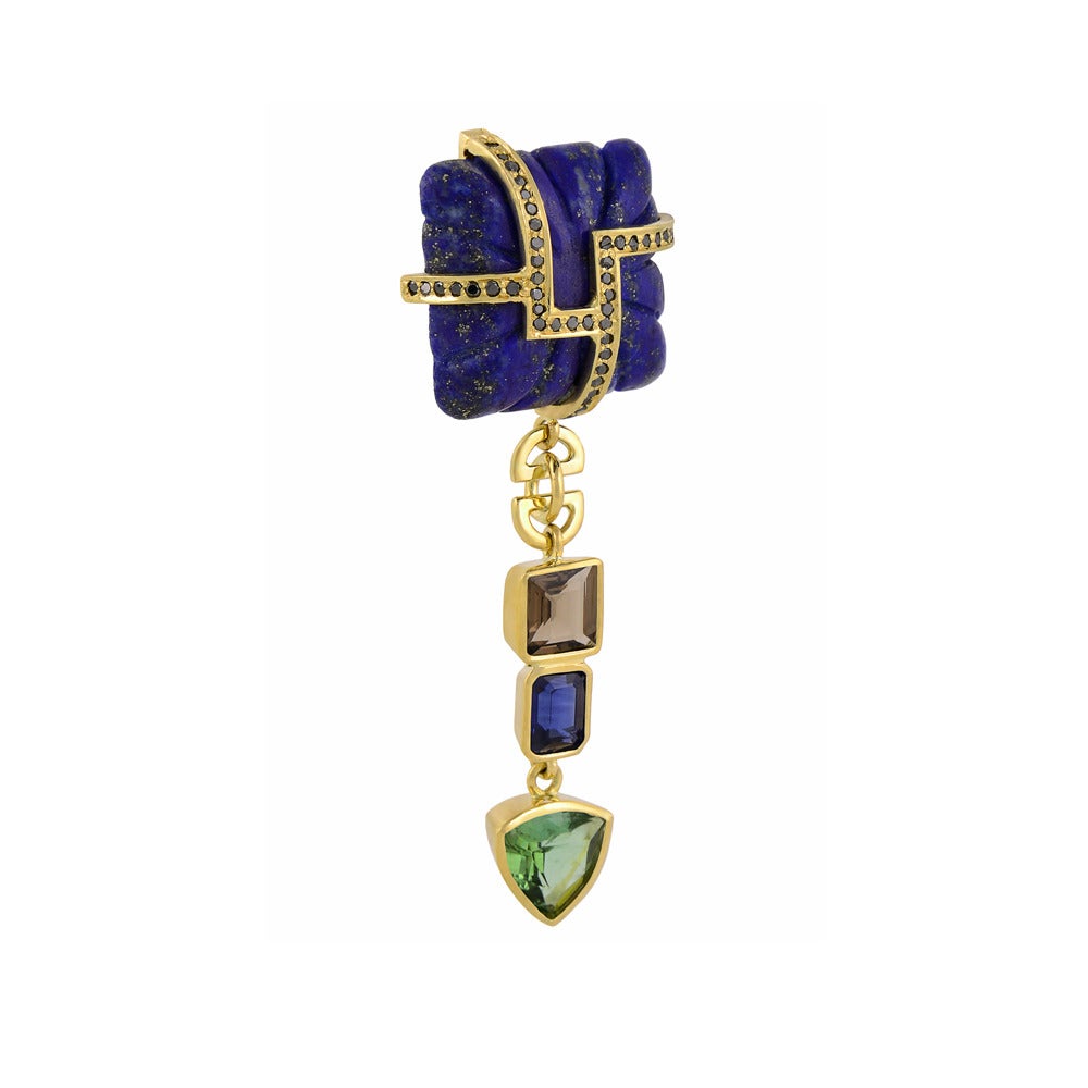 Contemporary 18ct Yellow Gold, Lapis, Tourmaline, Sapphire, Quartz and Black Diamond Earrings For Sale