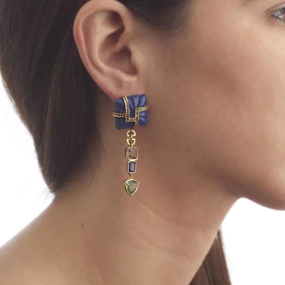 18ct Yellow Gold, Lapis, Tourmaline, Sapphire, Quartz and Black Diamond Earrings In New Condition For Sale In London, GB